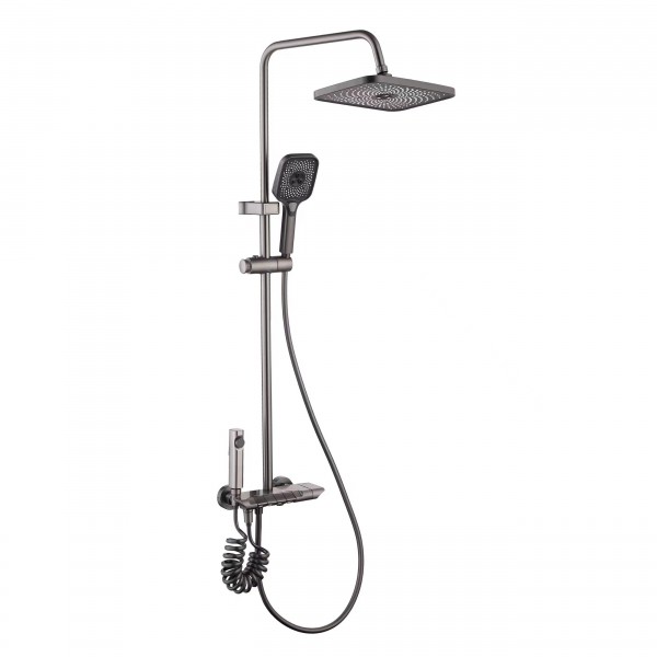 太陽雨花灑/精銅槍灰/四出水大淋浴/大平面琴鍵/9寸方頂噴/PVC軟管/三功能自潔手持/獨立噴槍/LD1022